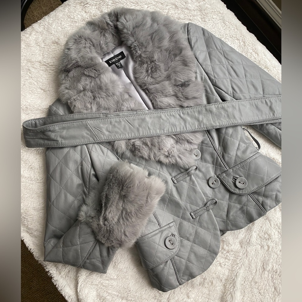 Grey Leather & Fur Quilted Jacket by bebe